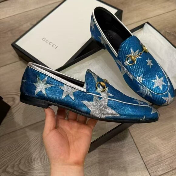 NIB Authentic Gucci Blue Silver Starry Sky Print Lurex Jordaan Loafer - Picture 1 of 4